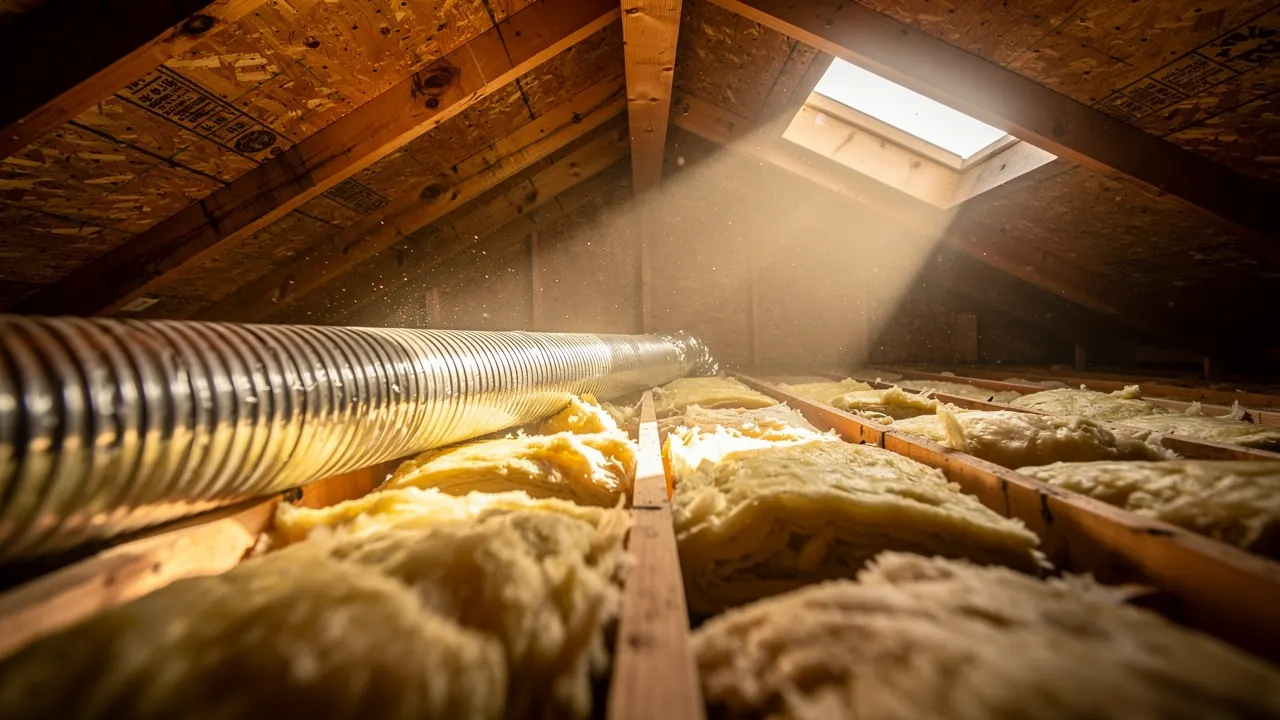 Dark staining on roof sheathing near ductwork before attic mold removal in Santa Clarita