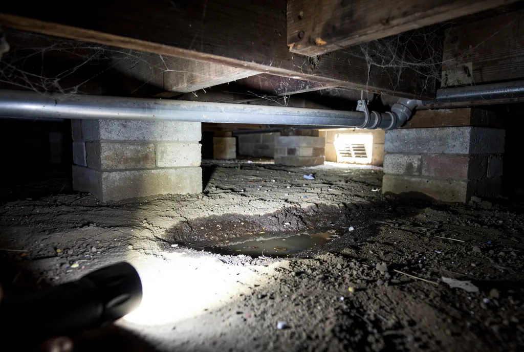 Crawl space beneath an older Newhall home where hidden moisture feeds mold