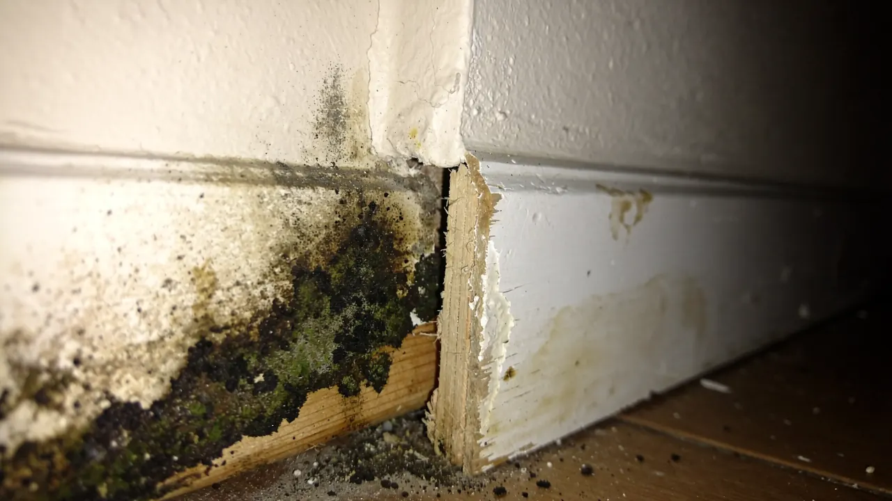 Dark mold growth behind a baseboard in a Santa Clarita home before black mold removal
