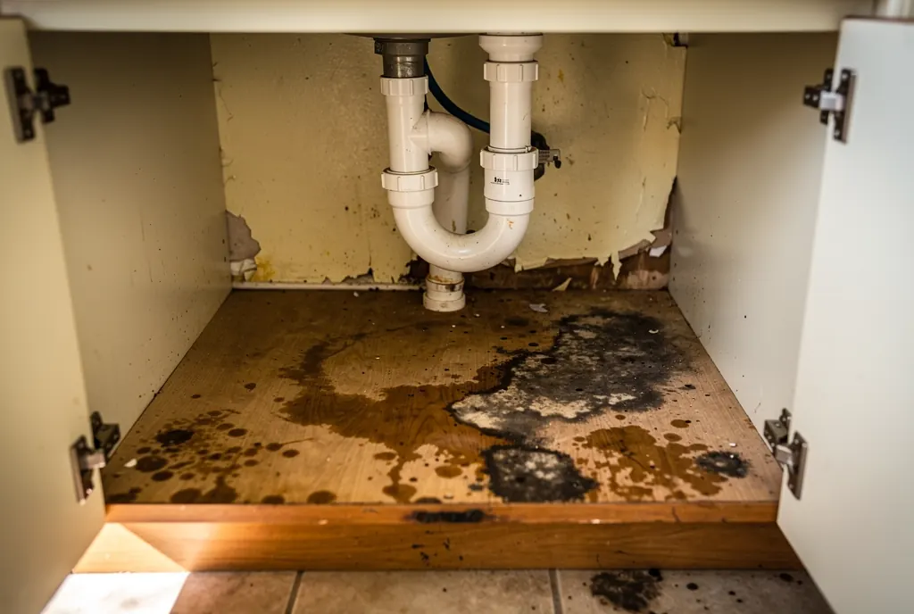 Black mold under a kitchen sink cabinet in a Canyon Country tract home
