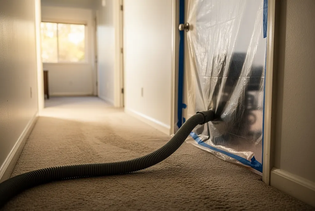Containment sheeting and HEPA air scrubber set up for mold remediation in a Santa Clarita home