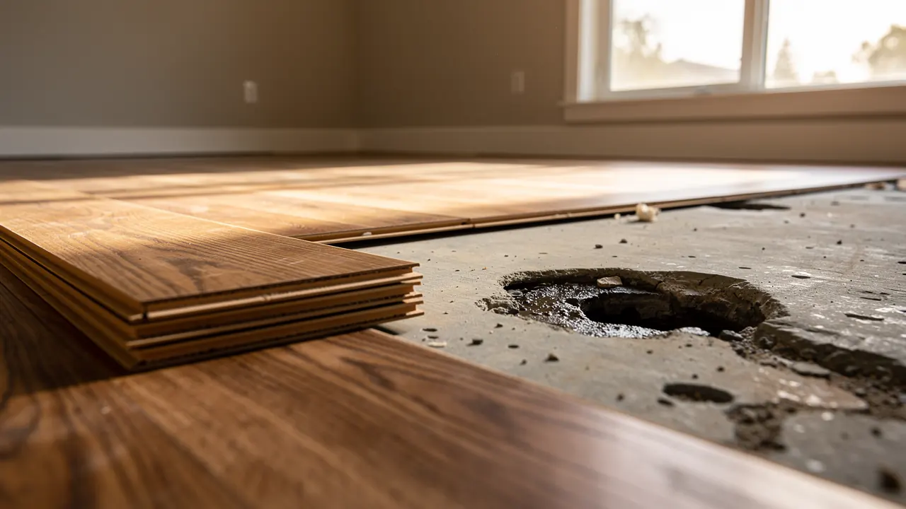 Damp concrete slab exposed under flooring after a slab leak in a Santa Clarita home