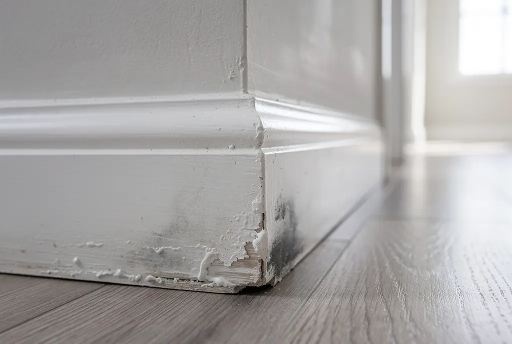 Baseboard and drywall discoloration from slab leak moisture in a Valencia hallway