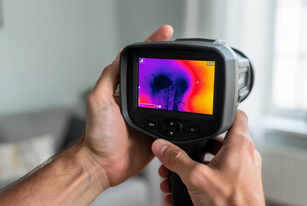 Thermal imaging moisture inspection revealing hidden dampness in a Valencia home wall