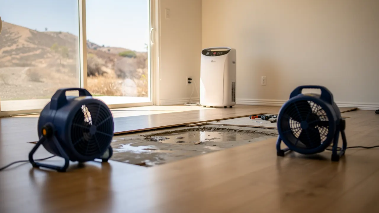 Structural drying after water damage in a Santa Clarita living room before mold cleanup