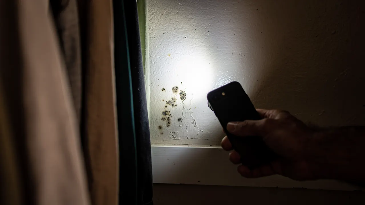 Finding a patch of mold in a Santa Clarita closet with a phone flashlight